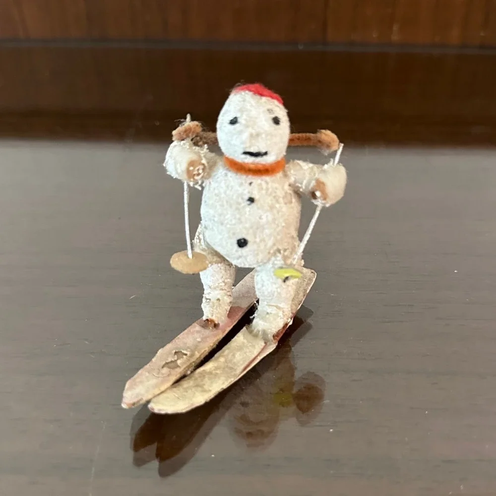 Vintage Putz Mache Snowman Skier Figurine Miniature Christmas Ornament 2.5